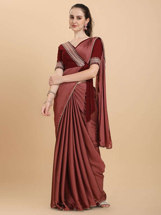 Metallic Pink Embroidered Silk Blend Saree - Inddus.com
