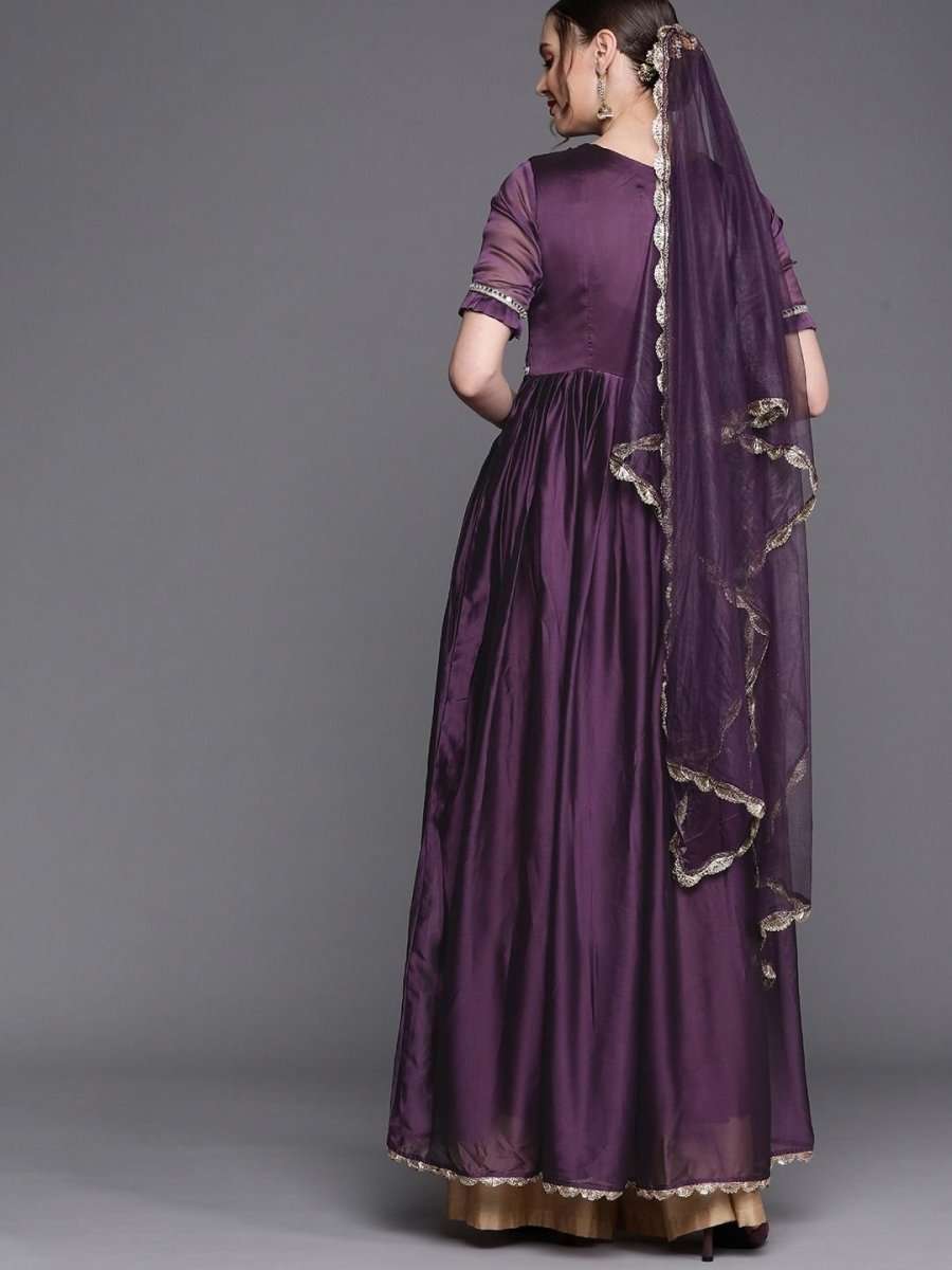 Metallic Purple Embroidered Kurta with Dupatta - Inddus.com