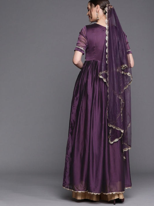Metallic Purple Embroidered Kurta with Dupatta - Inddus.com