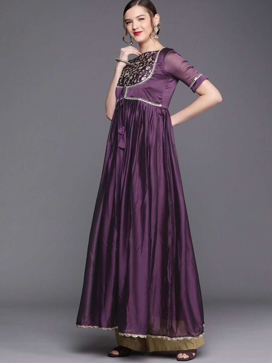 Metallic Purple Embroidered Kurta with Dupatta - Inddus.com