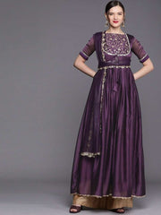 Metallic Purple Embroidered Kurta with Dupatta - Inddus.com