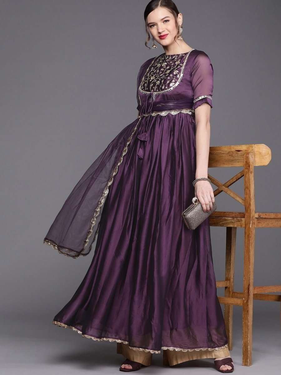 Metallic Purple Embroidered Kurta with Dupatta - Inddus.com