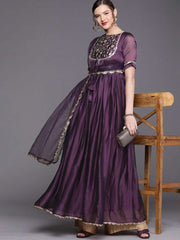 Metallic Purple Embroidered Kurta with Dupatta - Inddus.com