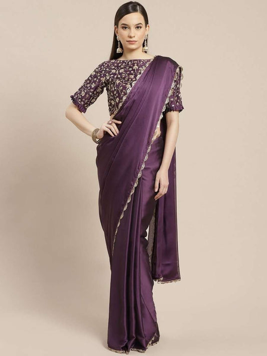 Metallic Purple Embroidered Laced Saree - inddus-us