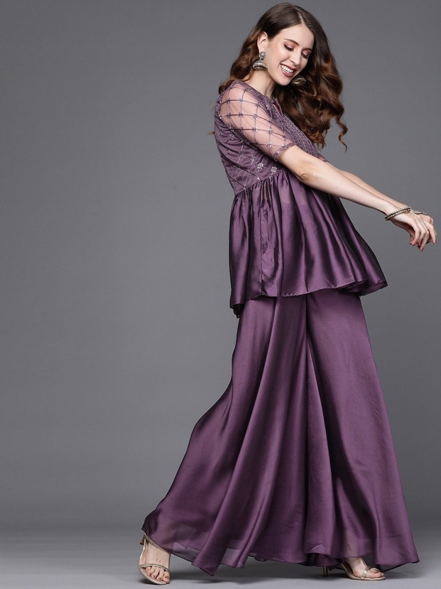 Metallic Purple Pleated Kurta with Sharara and Ruffled Dupatta - Inddus.com