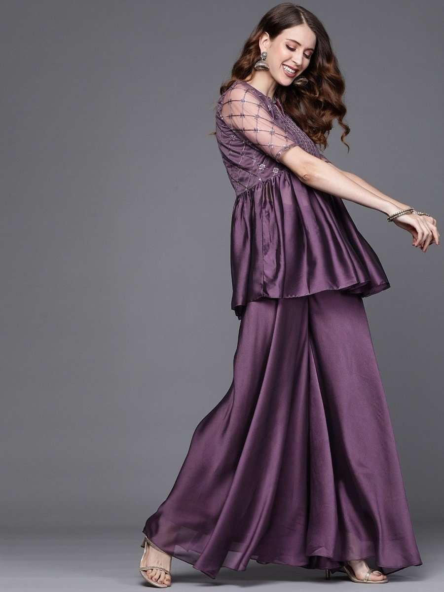 Metallic Purple Pleated Kurta with Sharara and Ruffled Dupatta - Inddus.com