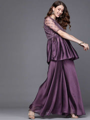 Metallic Purple Pleated Kurta with Sharara and Ruffled Dupatta - Inddus.com