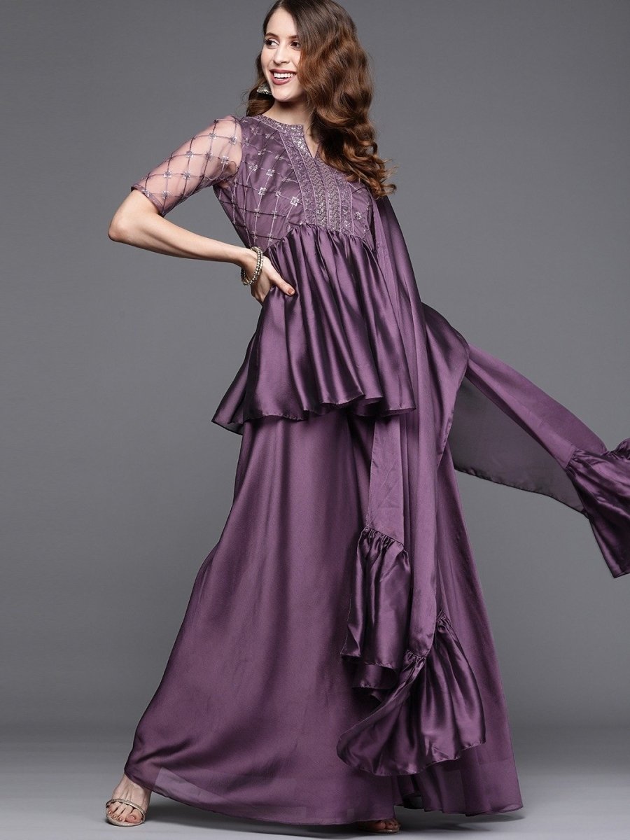 Metallic Purple Pleated Kurta with Sharara and Ruffled Dupatta - Inddus.com