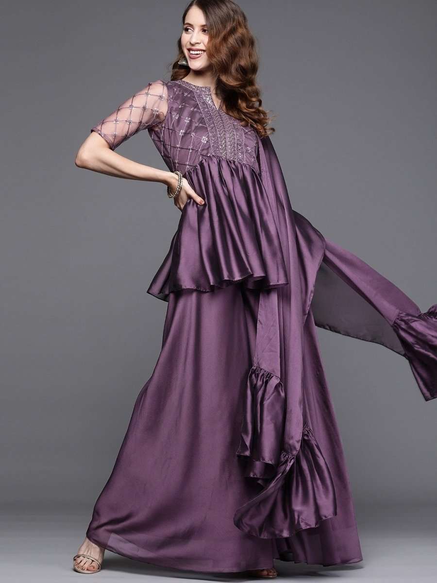 Metallic Purple Pleated Kurta with Sharara and Ruffled Dupatta - Inddus.com