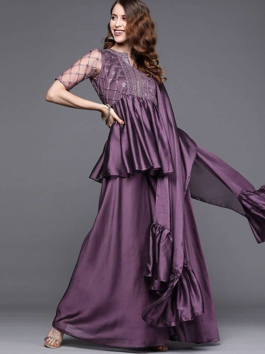 Metallic Purple Pleated Kurta with Sharara and Ruffled Dupatta - Inddus.com