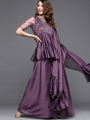 Metallic Purple Pleated Kurta with Sharara and Ruffled Dupatta - Inddus.com
