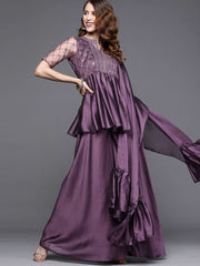 Metallic Purple Pleated Kurta with Sharara and Ruffled Dupatta - Inddus.com