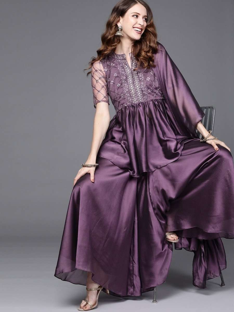 Metallic Purple Pleated Kurta with Sharara and Ruffled Dupatta - Inddus.com