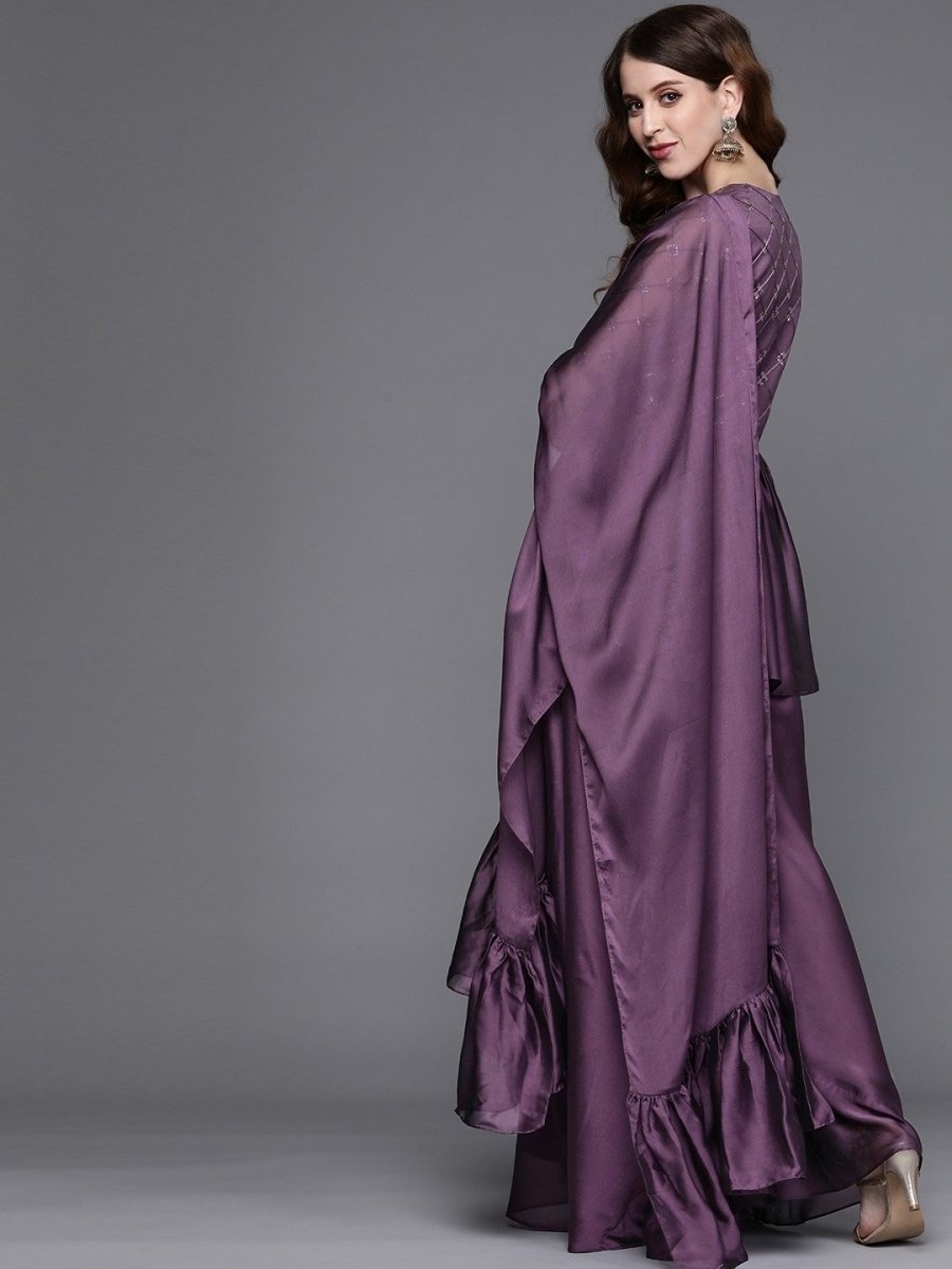 Metallic Purple Pleated Kurta with Sharara and Ruffled Dupatta - Inddus.com