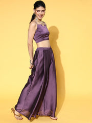 Metallic Purple Solid Top & Palazzo with Embroidered Net Jacket - Inddus.com