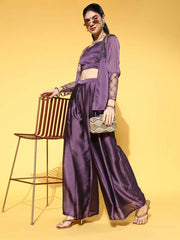Metallic Purple Solid Top & Palazzo with Embroidered Net Jacket - Inddus.com