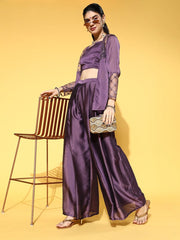 Metallic Purple Solid Top & Palazzo with Embroidered Net Jacket - Inddus.com
