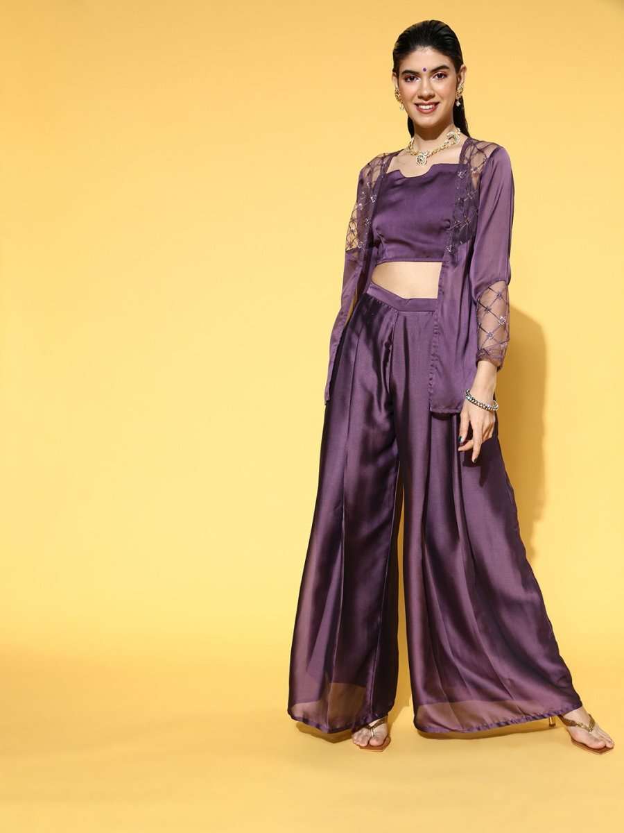 Metallic Purple Solid Top & Palazzo with Embroidered Net Jacket - Inddus.com