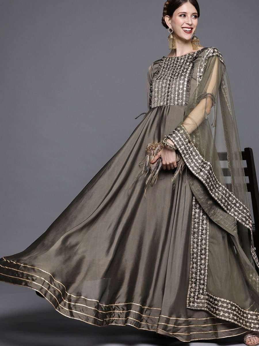 Metallic Taupe Embroidered Kurta - Inddus.com