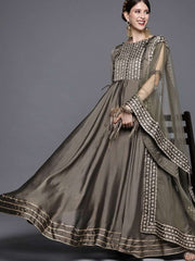 Metallic Taupe Embroidered Kurta - Inddus.com