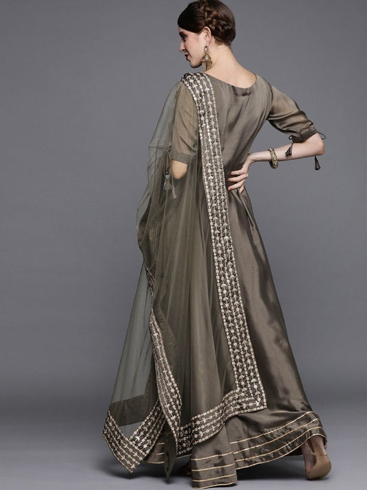 Metallic Taupe Embroidered Kurta - Inddus.com