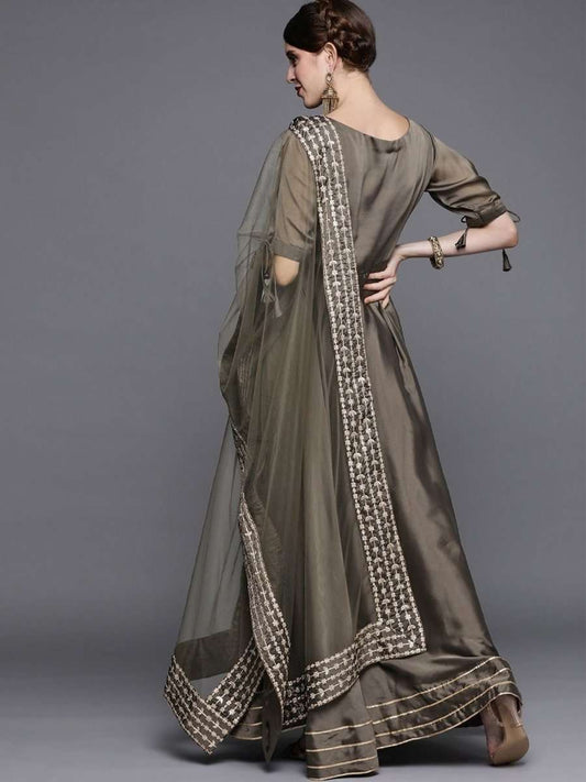 Metallic Taupe Embroidered Kurta - Inddus.com