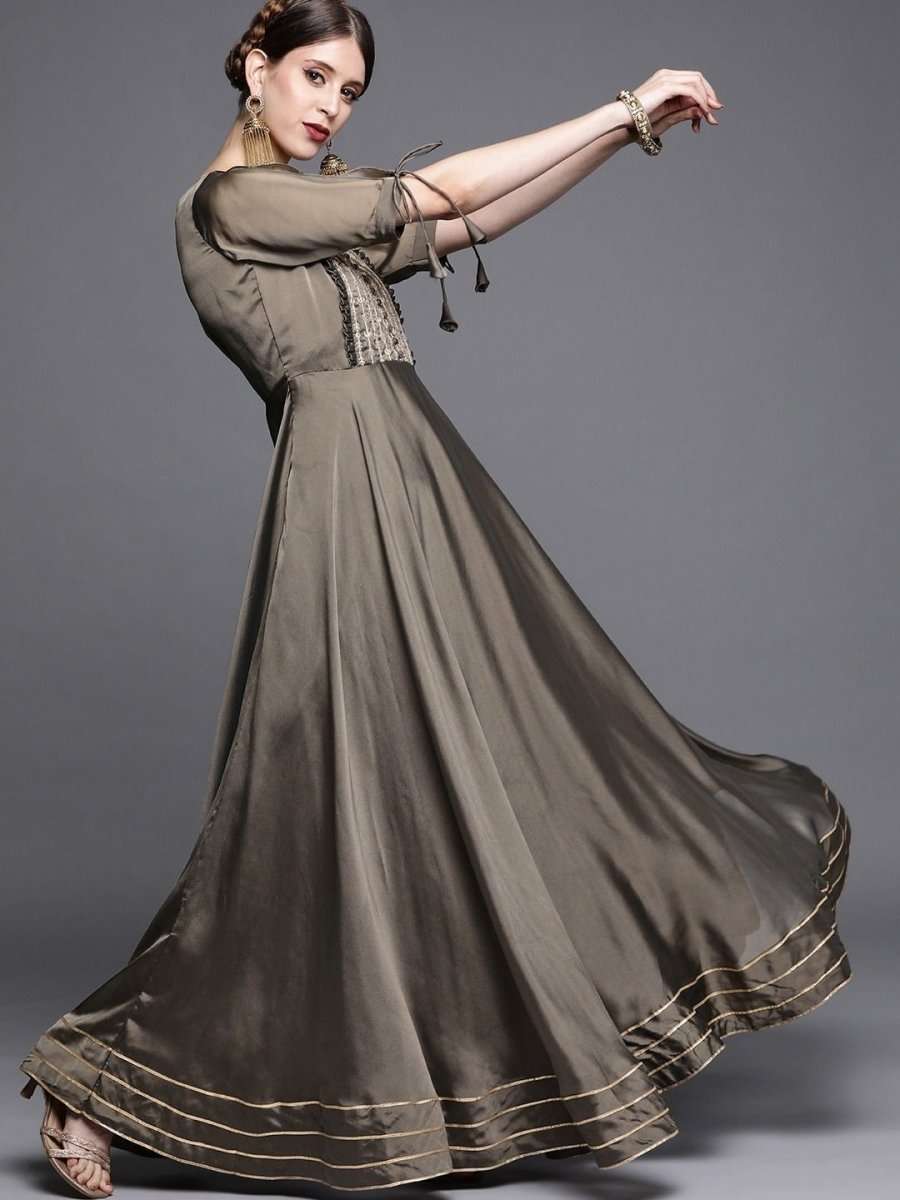 Metallic Taupe Embroidered Kurta - Inddus.com