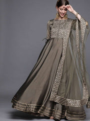 Metallic Taupe Embroidered Kurta - Inddus.com