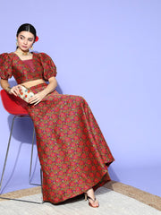 Multi Colored Silk Blend(Brocade) Woven Co-Ords - Inddus.com