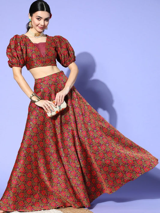 Multi Colored Silk Blend(Brocade) Woven Co-Ords - Inddus.com