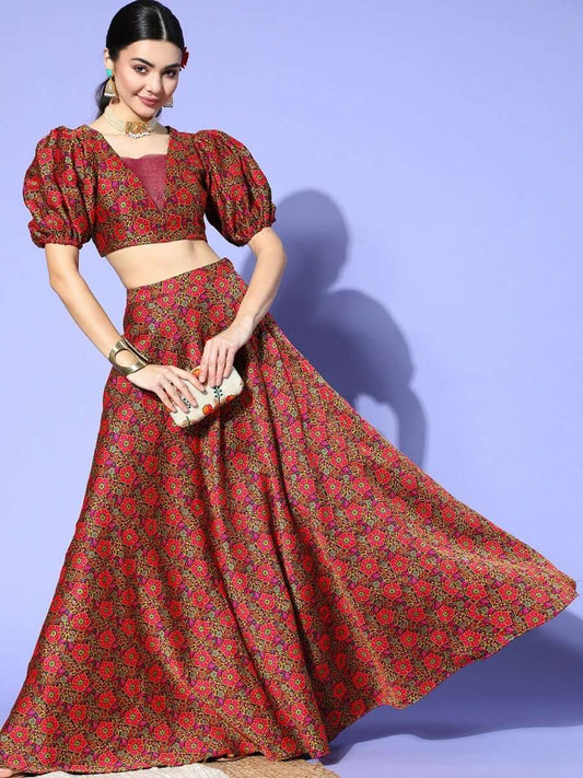 Multi Colored Silk Blend(Brocade) Woven Co-Ords - Inddus.com