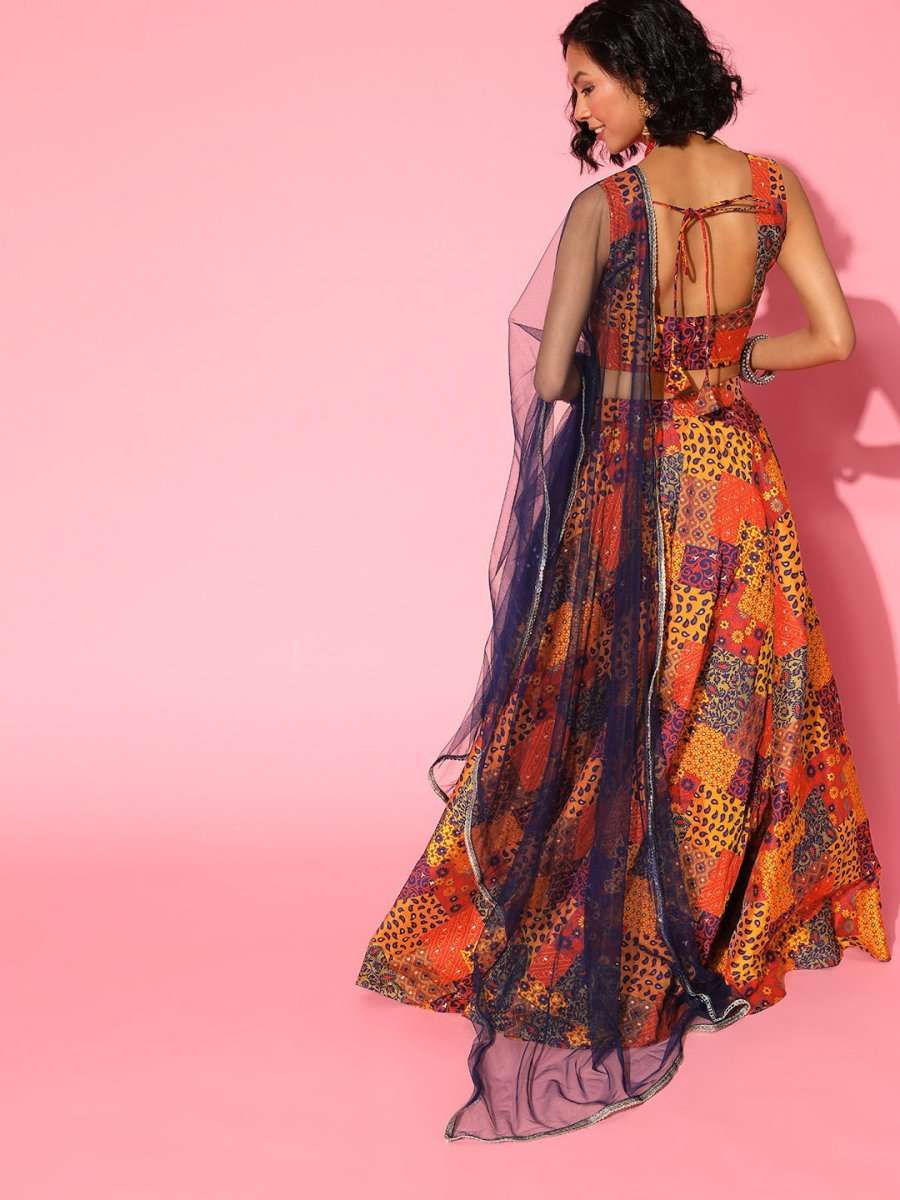 Multi Colour Woven Lehenga with Dupatta and Blouse - Inddus.com