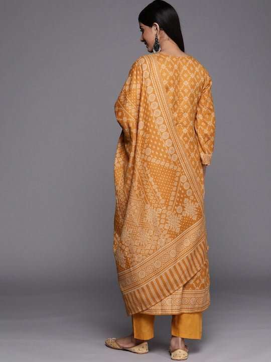 Mustard & Beige Printed Woven Pashmina Winter Wear Unstitched Dress Material - Inddus.com