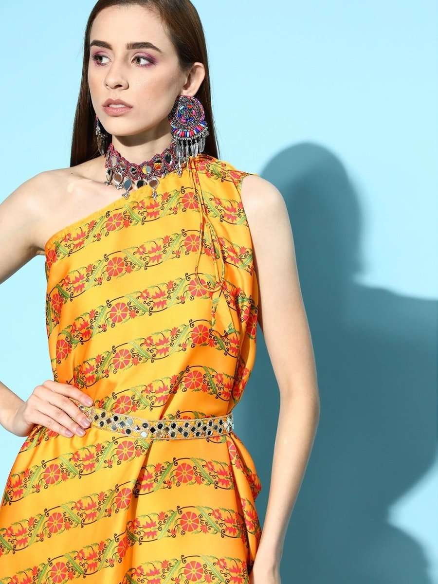 Mustard Digital Print Gown with Embellished Belt - Inddus.com