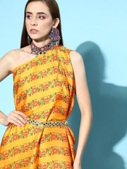 Mustard Digital Print Gown with Embellished Belt - Inddus.com