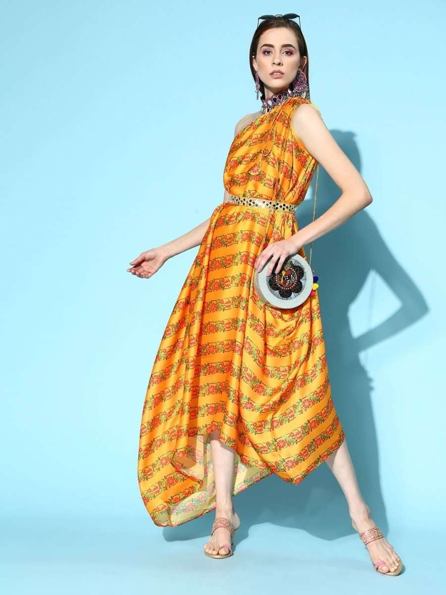 Mustard Digital Print Gown with Embellished Belt - Inddus.com