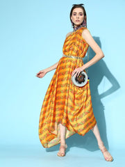 Mustard Digital Print Gown with Embellished Belt - Inddus.com