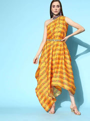Mustard Digital Print Gown with Embellished Belt - Inddus.com