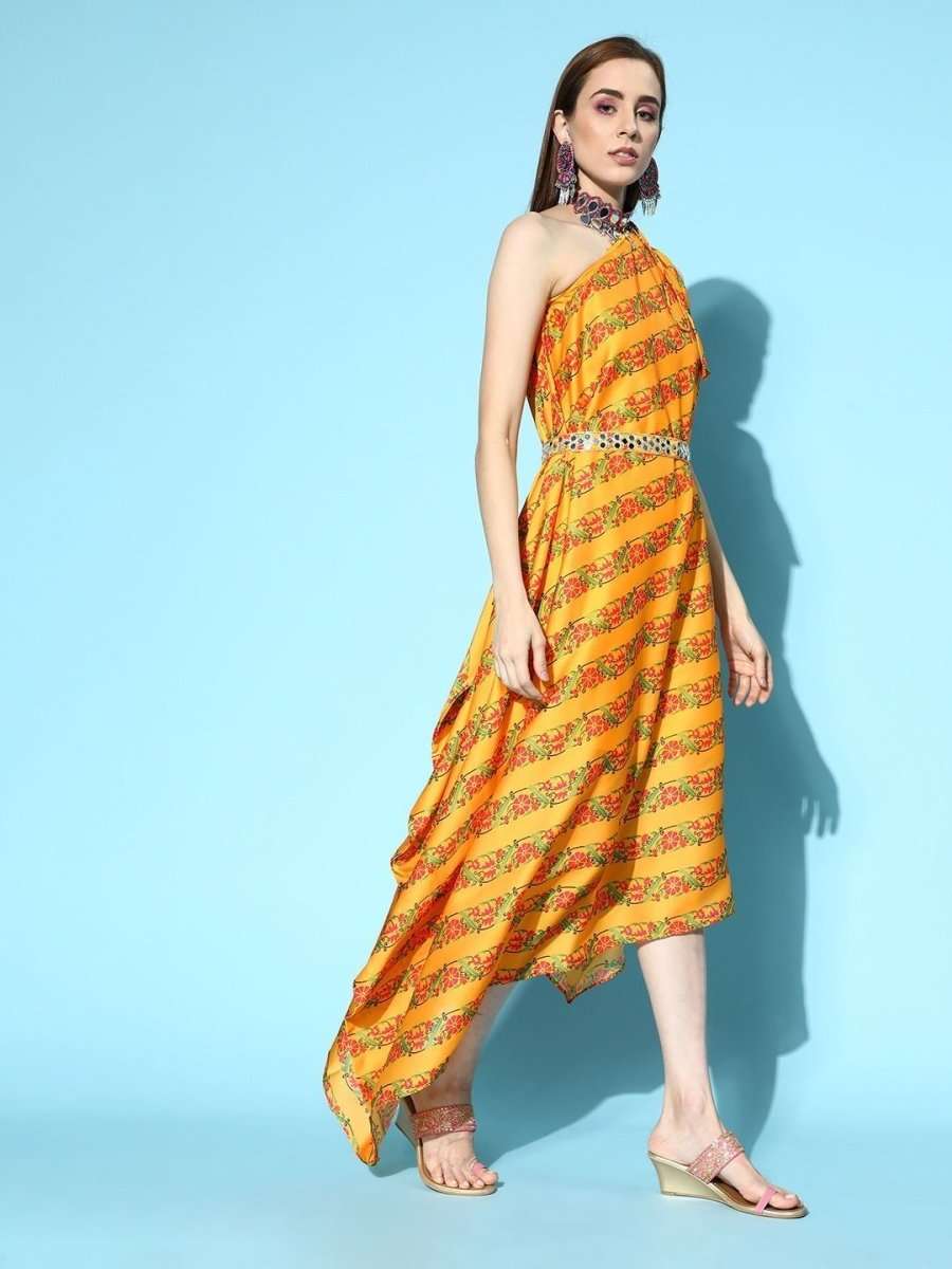 Mustard Digital Print Gown with Embellished Belt - Inddus.com