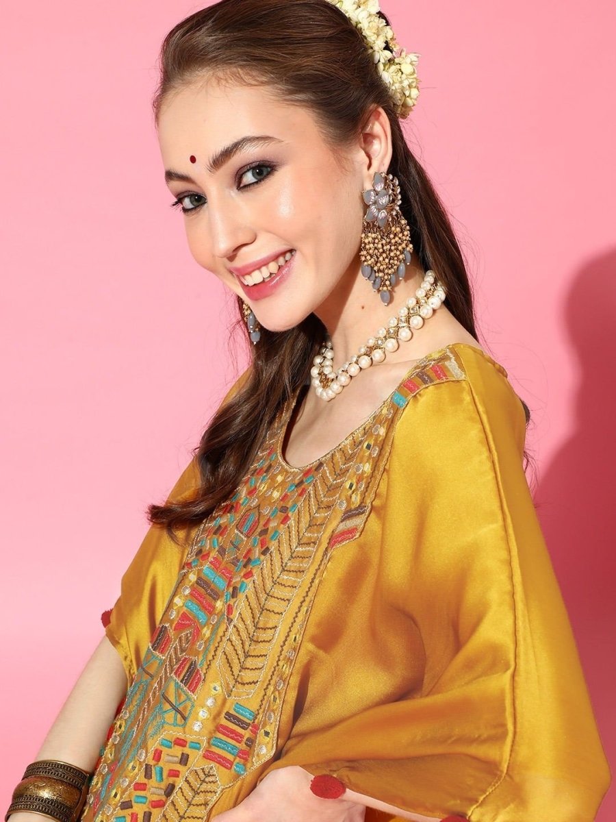 Mustard Embroidered Kaftan Kurta - inddus-us