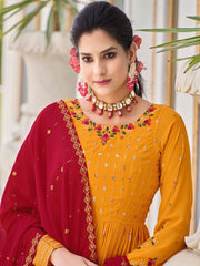 Mustard Embroidered Partywear Sharara-Style-Suit - Inddus.com
