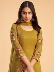 Mustard Embroidered Partywear Straight-Cut-Suit - Inddus.com