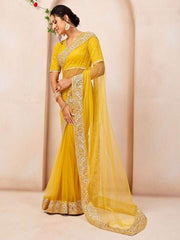 Mustard Embroidered Sequinned Net Saree - Inddus.com