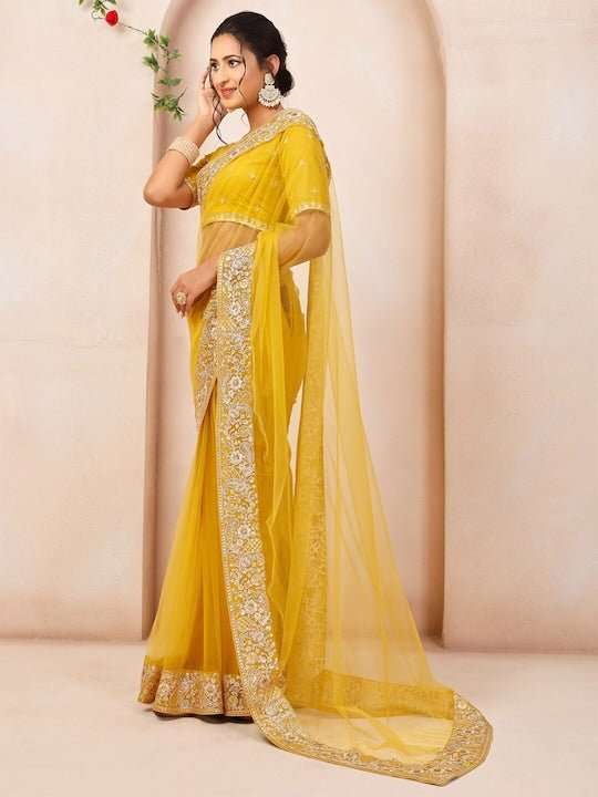 Mustard Embroidered Sequinned Net Saree - Inddus.com