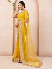 Mustard Embroidered Sequinned Net Saree - Inddus.com
