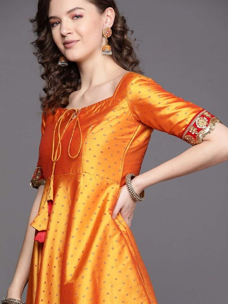 Mustard Embroidered Woven Kurta - Inddus.com
