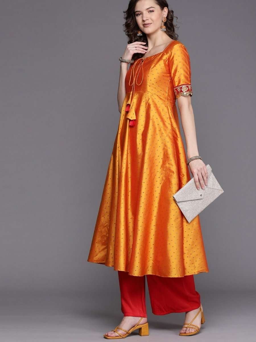 Mustard Embroidered Woven Kurta - Inddus.com