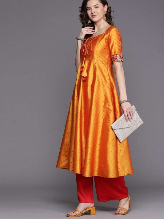 Mustard Embroidered Woven Kurta - Inddus.com