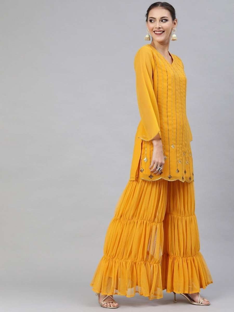 Mustard Georgette Embroidered Kurta Sharara Dupatta Set - inddus-us