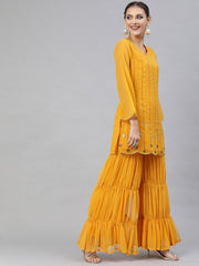 Mustard Georgette Embroidered Kurta Sharara Dupatta Set - inddus-us